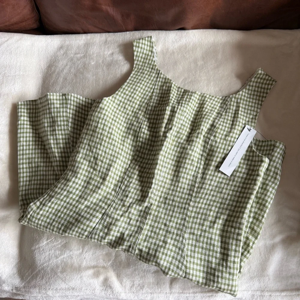 Reformation Amorette Linen Dress in Avocado Check - Picture 5 of 6